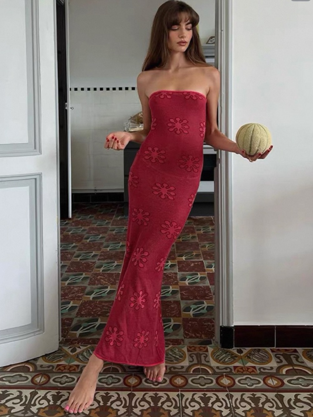 Strapless Burgundy Floral Knit Maxi Dress